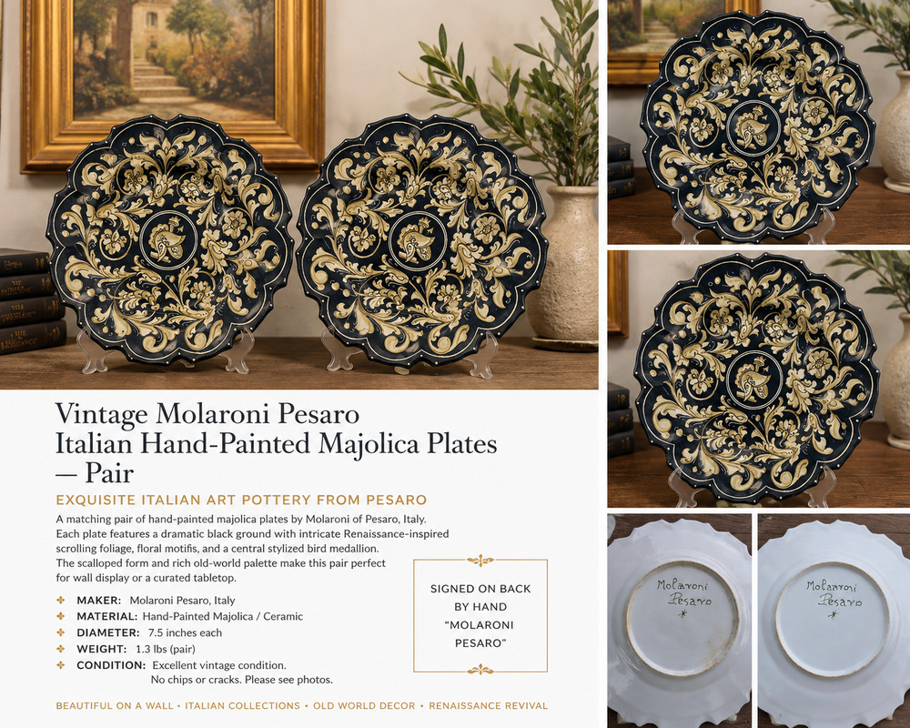 Vintage Molaroni Pesaro Italian Hand-Painted Majolica Decorative Plates – Pair